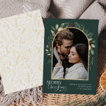 Modern Greenery Gold Arch Merry Christmas 1 Photo Holiday Card<br><div class="desc">This design features a modern greenery arch with a delicate glitter gold frame with a white frame outline with a single vertical photo. To make advanced changes,  please select 'Click to customise further' option under 'Personalise this template' section. Here,  you can edit/add text boxes,  colour and font.</div>