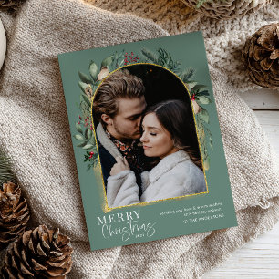 Modern Greenery Gold Arch Merry Christmas Photo Holiday Card