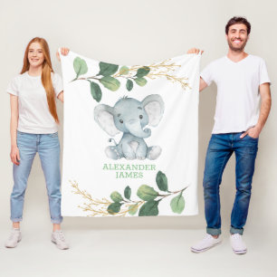 Modern Greenery Gold Baby Elephant Boy Nursery Fleece Blanket