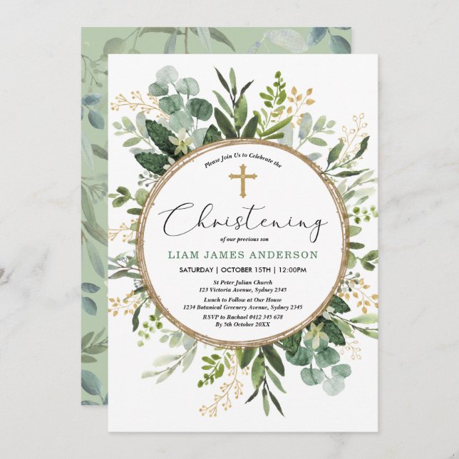 Modern Greenery Gold Botanical Leaves Christening Invitation (Front/Back)