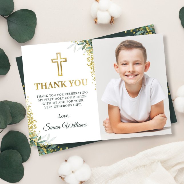 Modern Greenery Gold Cross Glitter First Communion Thank You Card (Creator Uploaded)
