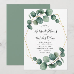 Modern Greenery   Gold Geometric Frame Wedding Invitation