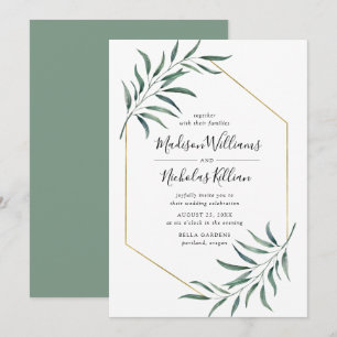 Modern Greenery   Gold Geometric Frame Wedding Invitation