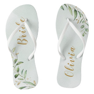 Modern Greenery Gold Geometric Personalised bride Thongs