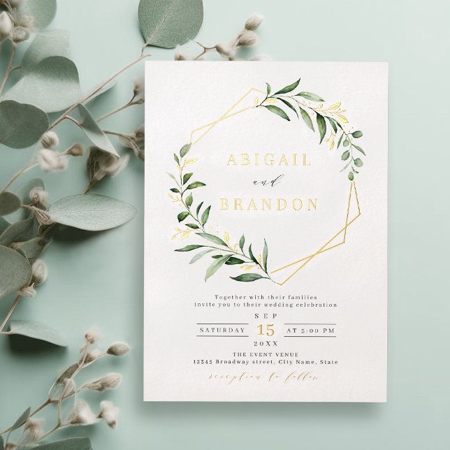 Modern Greenery Gold Geometric Rustic Wedding (Modern Greenery Gold Geometric Rustic Wedding Foil Invitation)