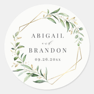 Modern Greenery Gold Geometric Rustic Wedding Classic Round Sticker