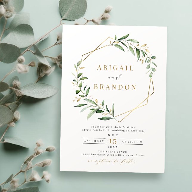 Modern Greenery Gold Geometric Rustic Wedding Invitation (Modern Greenery Gold Geometric Rustic Wedding Invitation)