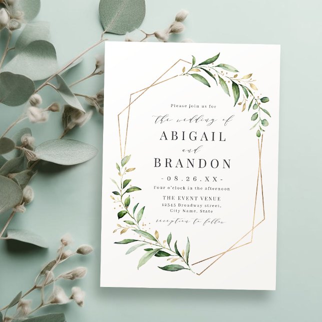 Modern Greenery Gold Geometric Rustic Wedding Invitation (Modern Greenery Gold Geometric Rustic Wedding Invitation)
