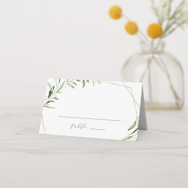 Modern Greenery Gold Geometric Rustic Wedding Place Card (Front)