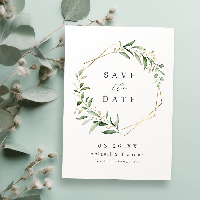 Modern Greenery Gold Geometric Rustic Wedding Save The Date (Modern Greenery Gold Geometric Rustic Wedding Save The Date)