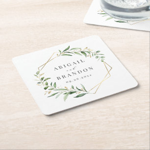 Modern Greenery Gold Geometric Rustic Wedding Square Paper Coaster