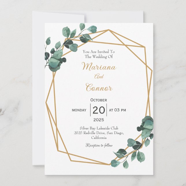Modern Greenery Gold Geometric Wedding Invitation (Front)