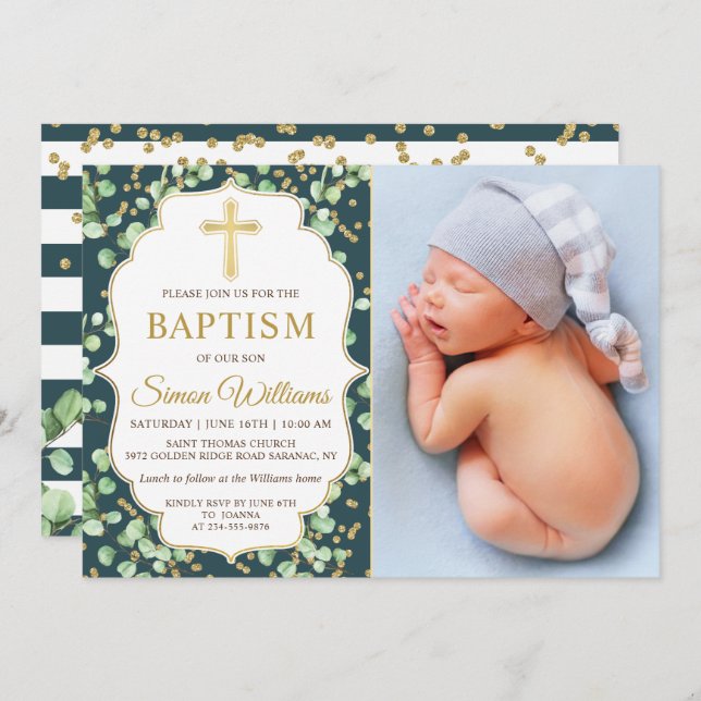 Modern Greenery Gold Glitter Baptism Photo Invitation (Front/Back)