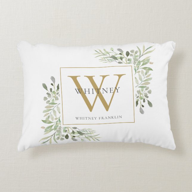 Modern Greenery Gold Initial Monogram Decorative Cushion (Front)
