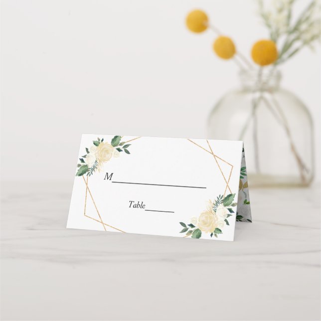Modern Greenery Gold Ivory Floral Wedding Table Place Card (Front)
