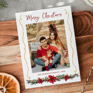 Modern Greenery Gold Merry Christmas 1 Photo Holiday Card