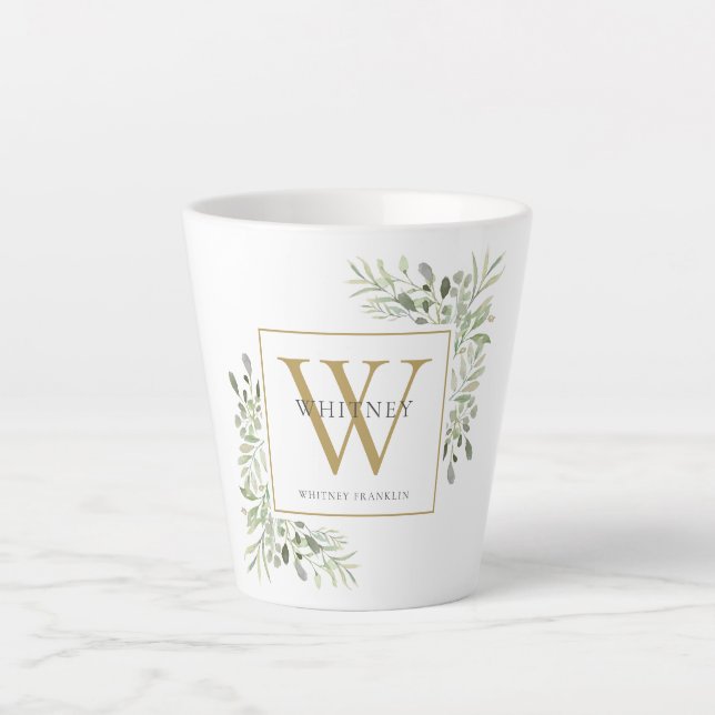 Modern Greenery Gold Monogram Elegant Latte Mug (Front)