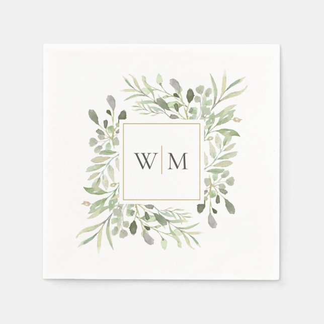 Modern Greenery Gold Monogram Wedding Napkin (Front)