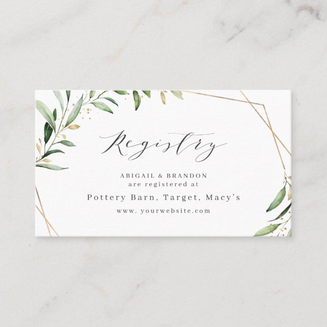 Modern Greenery Gold Rustic bridal Registry  Place Card (Front)