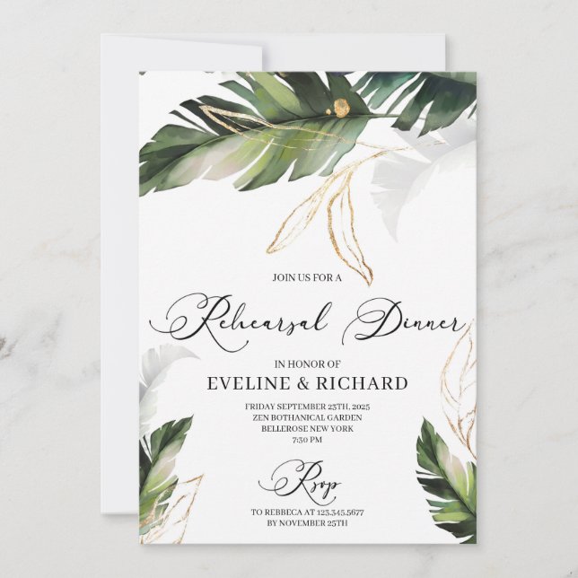 Modern greenery gold tropical leaves rehearsal invitation (Front)