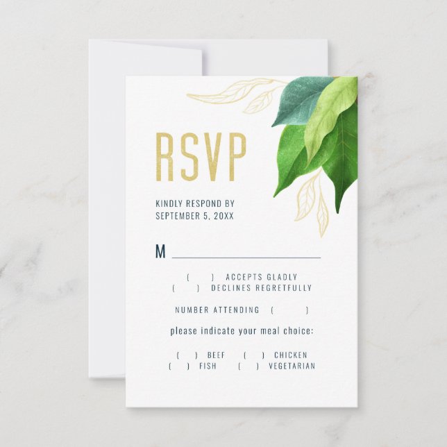 Modern Greenery Green Gold Leaves Meal Choice RSVP Card (Front)