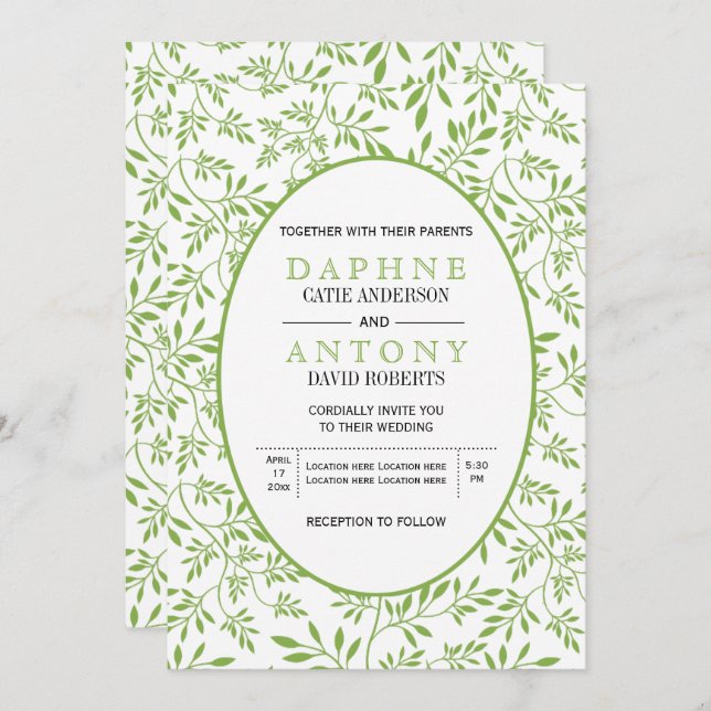 Modern greenery green leaves pattern wedding invitation (Front/Back)
