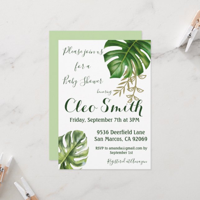 Modern Greenery Leaf Gender Neutral Baby Shower Invitation (Front/Back In Situ)