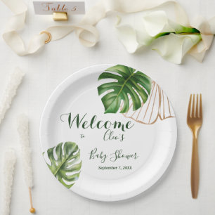 Modern Greenery Leaf Gender Neutral Baby Shower Paper Plate