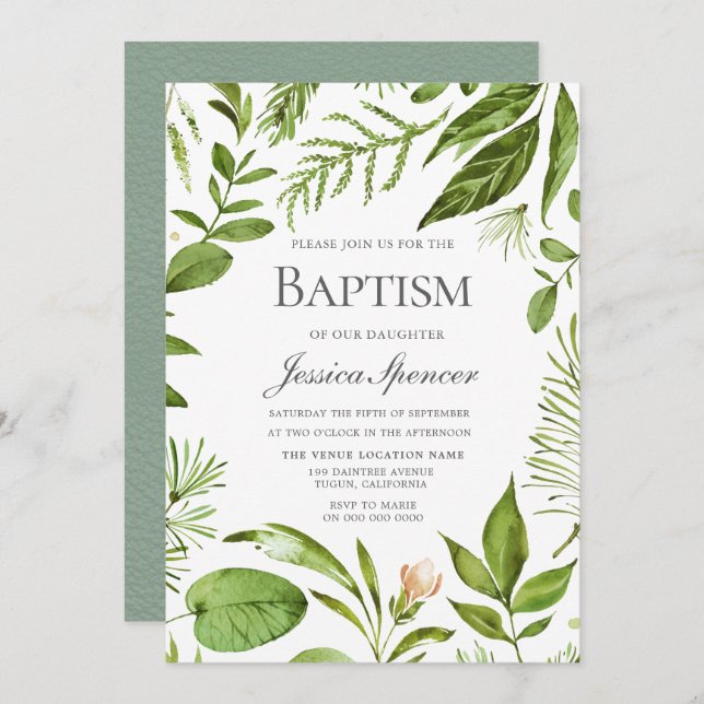 Modern Greenery Leaf Wreath Baptism Invite (Front/Back)