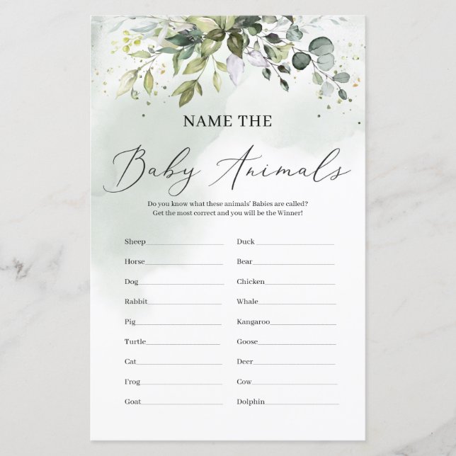 Modern greenery leaves name the baby animals game (Front)