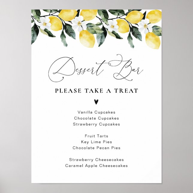 Modern Greenery Lemon Floral Dessert Bar Poster (Front)