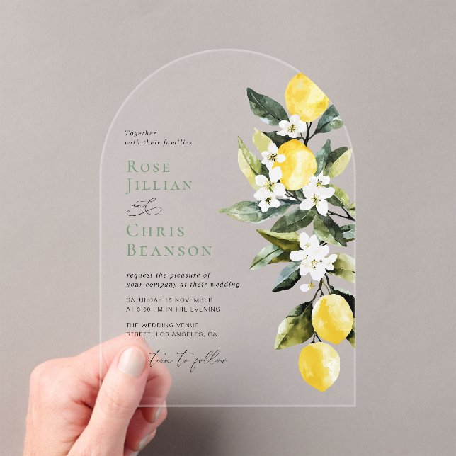 Modern Greenery Lemon Floral Weddding Acrylic Invitations (Insitu (Handheld))