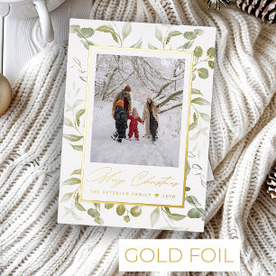 Modern greenery Merry Christmas photo gold Foil Holiday Card