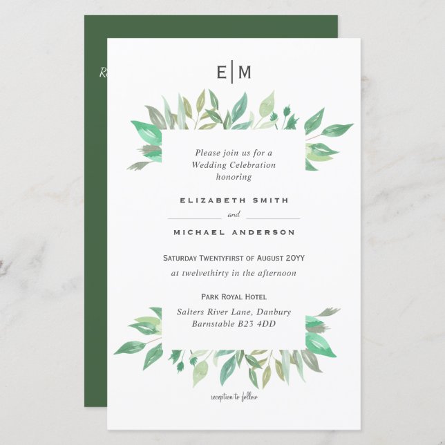 Modern Greenery Monogram Budget Wedding Invites A9 (Front/Back)