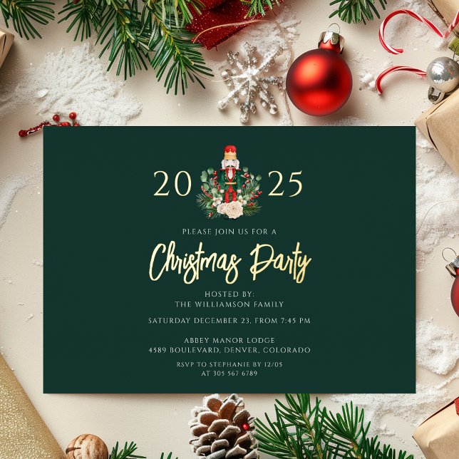 Modern Greenery Nutcracker Christmas Party Foil Holiday Card (Modern Greenery Nutcracker Christmas Party Foil Holiday Card)
