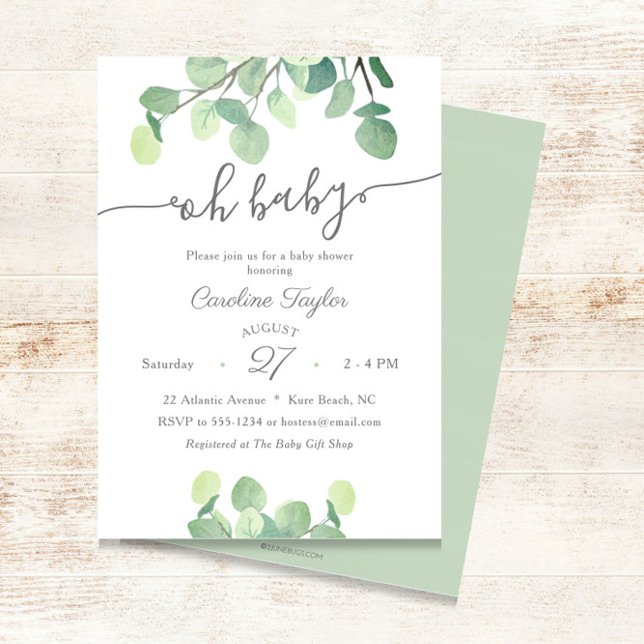 Modern Greenery Oh Baby Simple Baby Shower Invitation (Creator Uploaded)