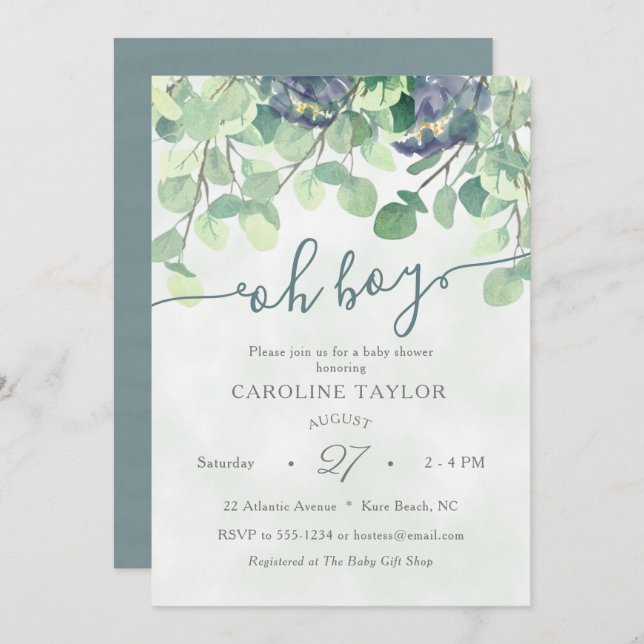 Modern Greenery Oh Boy Blue Floral Baby Shower Invitation (Front/Back)