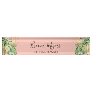 Modern Greenery Palm Leaves Peach Business Nameplate