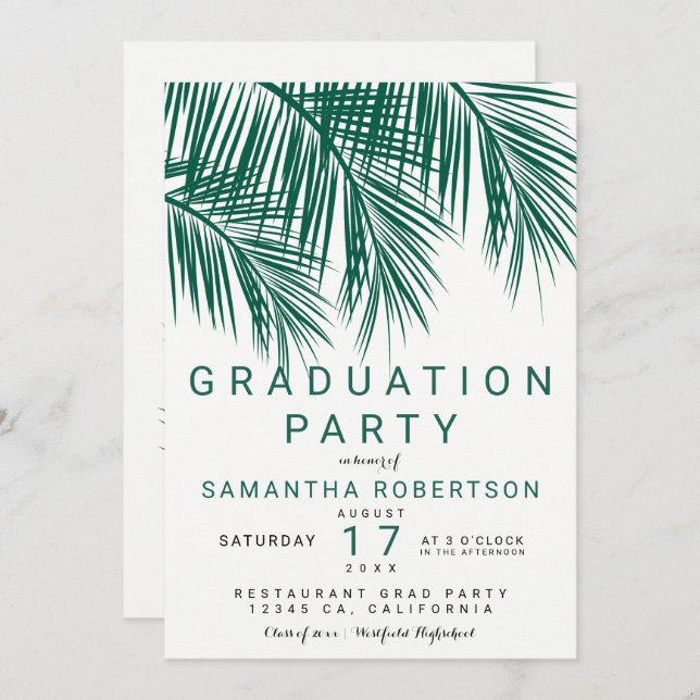 Modern greenery palm tree elegant graduation party invitation (Front/Back)