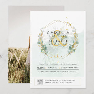 Modern Greenery PHOTO Wedding Invitation QR CODE