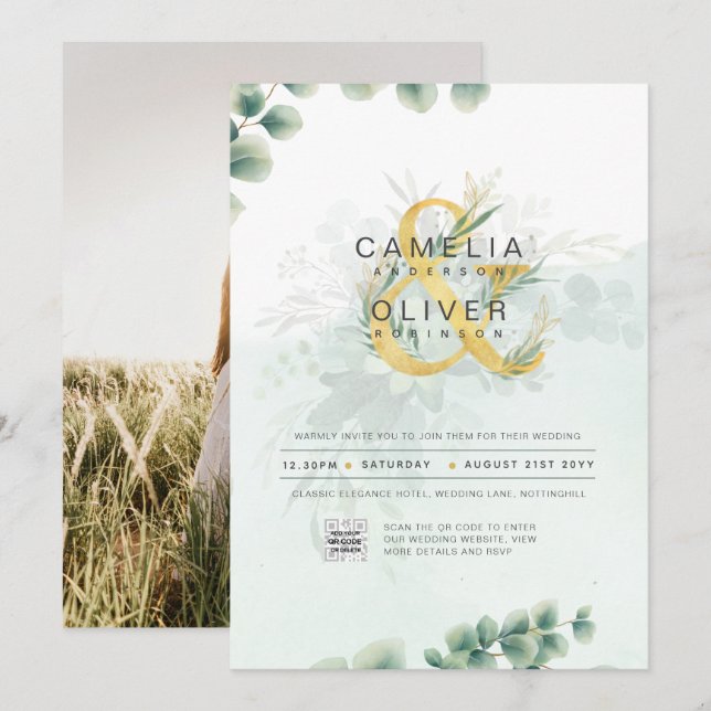 Modern Greenery PHOTO Wedding Invitation QR CODE (Front/Back)