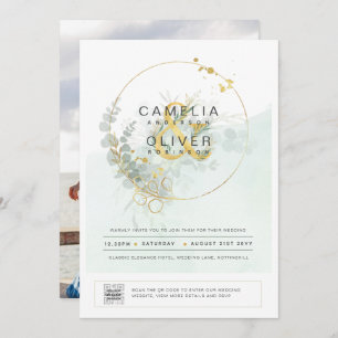 Modern Greenery PHOTO Wedding Invitation QR CODE