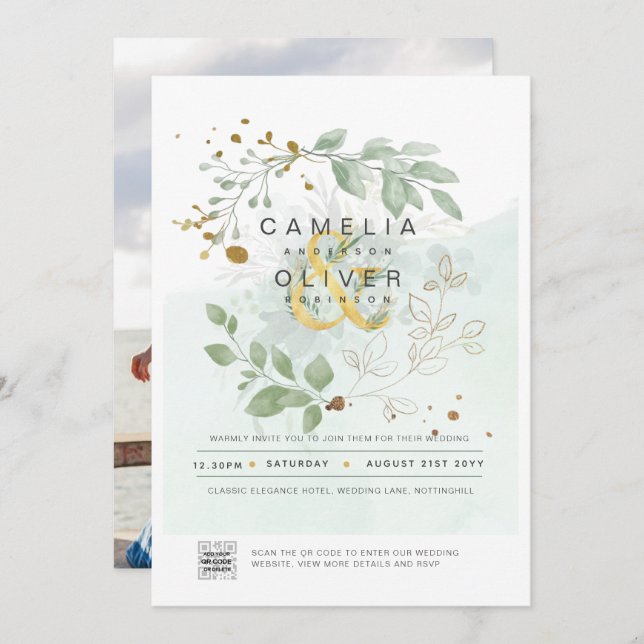 Modern Greenery PHOTO Wedding Invitation QR CODE (Front/Back)