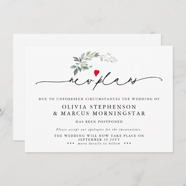 Modern Greenery  Postponed Event New Plans Invitation (Front/Back)