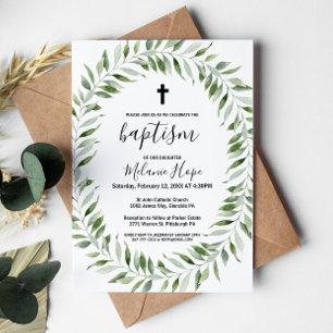Modern Greenery Simple Cross Baptism Invitation