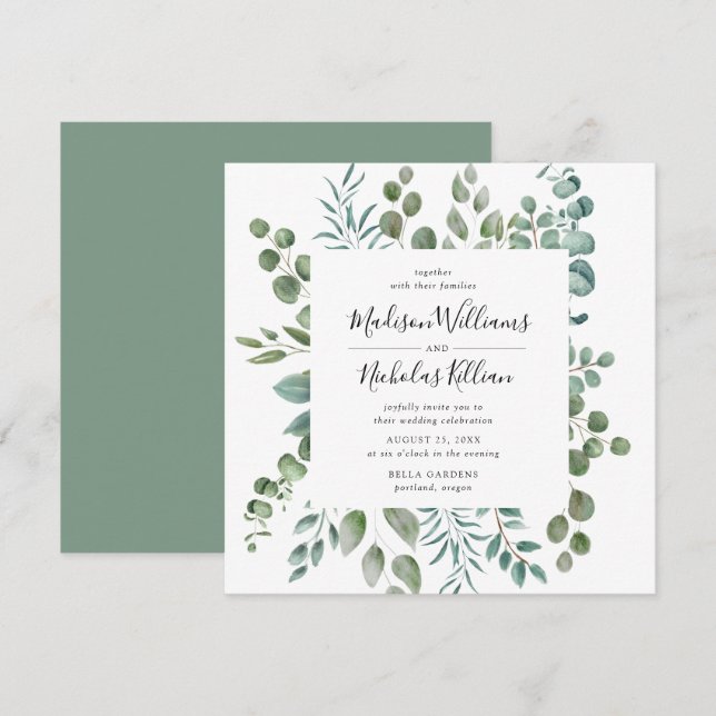 Modern Greenery | Square Frame Wedding Invitation (Front/Back)