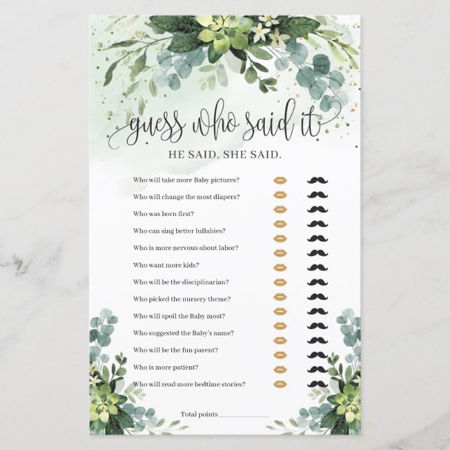 Modern greenery succulent guess who said it game (Front)