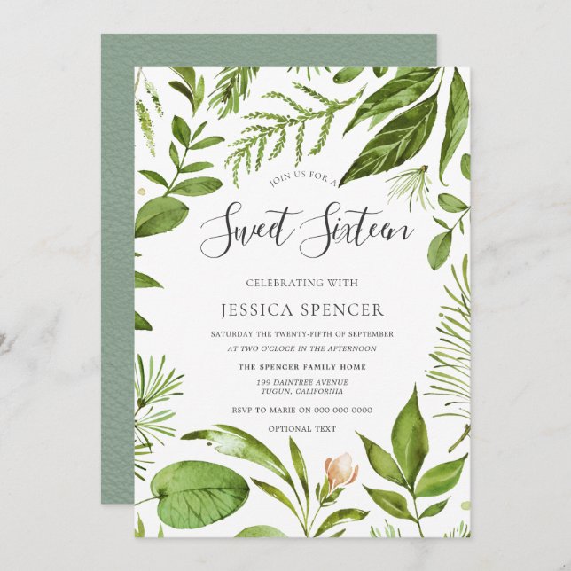 Modern Greenery Summer Spring Sweet 16 Invite (Front/Back)