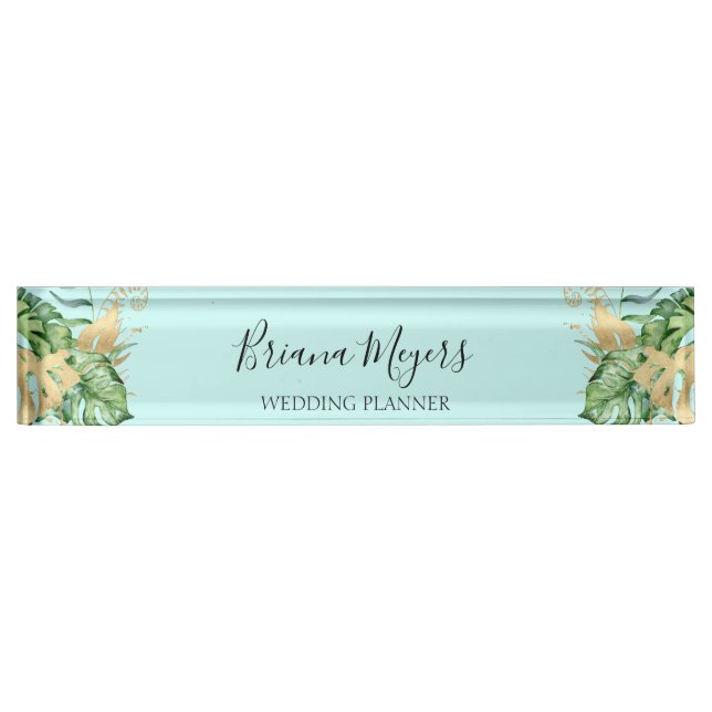 Modern Greenery Tropical Leaves Teal Blue Business Nameplate (Front)