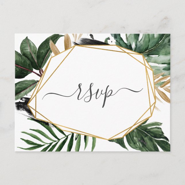Modern Greenery Tropical Wedding RSVP Invitation Postcard (Front)